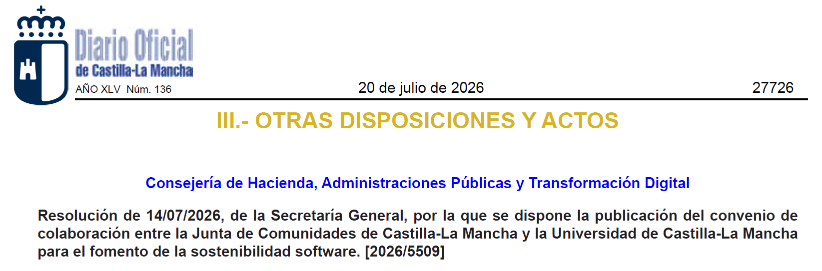 Header of the Diario Oficial de Castilla-La Mancha No. 136 (20 July 2026) announcing the publication of the agreement